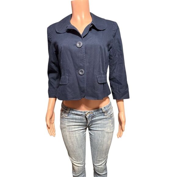 Talbots petite women navy blue two button 3/4 sleeve short blazer 10/M - Picture 1 of 6